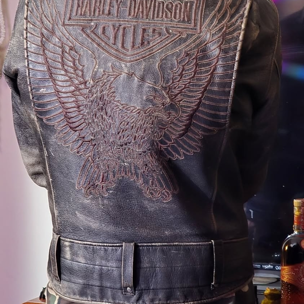 Harley-Davidson Black Leather Embroidered Jacket Vintage And Distressed